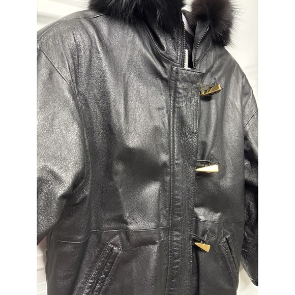 Vintage Black Leather Bomber Coat Women's M Fur Trim Hooded Insulated Oversized - Picture 4 of 9